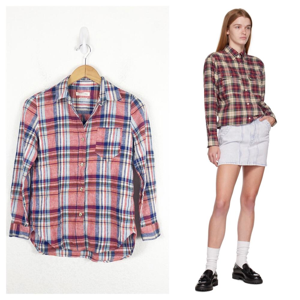 Isabel Marant Etoile Cotton Linen Plaid Buttondown Top Size 36 Flannel Check
